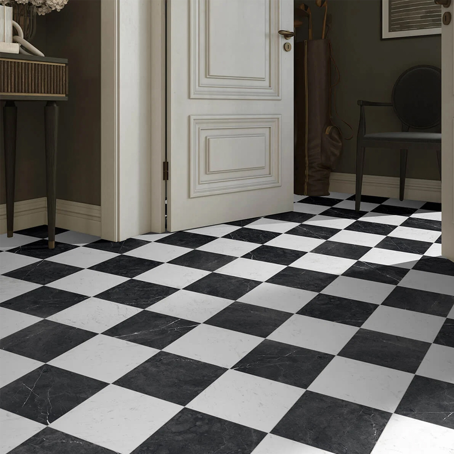 Firenza, black and white checkerboard floor tiles